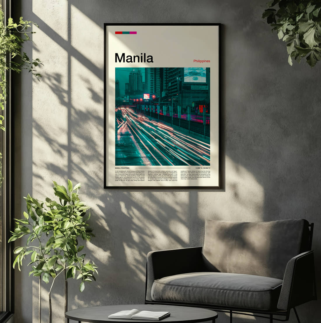 Manila Light Trails At Night Travel Print framed on the wall of a relaxed living room