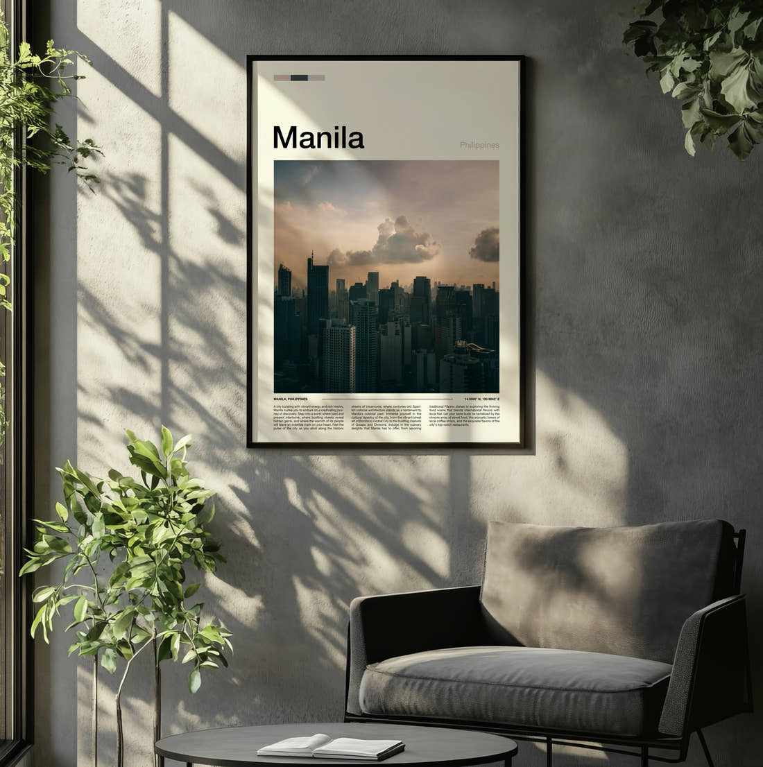 Manila Skyline Under Dark Clouds Travel Print framed on the wall of a relaxed living room