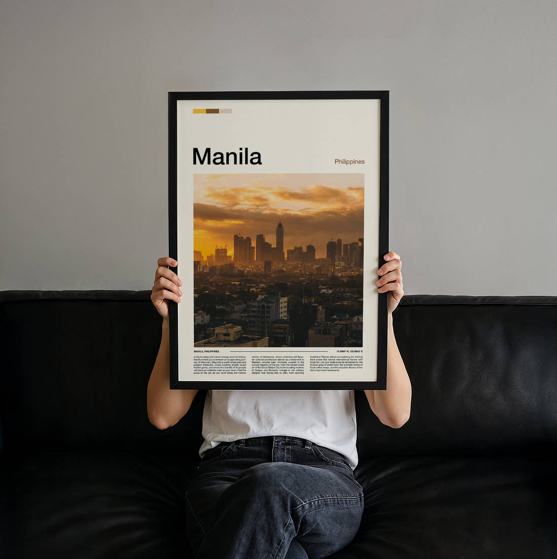 Manila Skyline At Sunset Travel Print held up by hand to show the size of the print