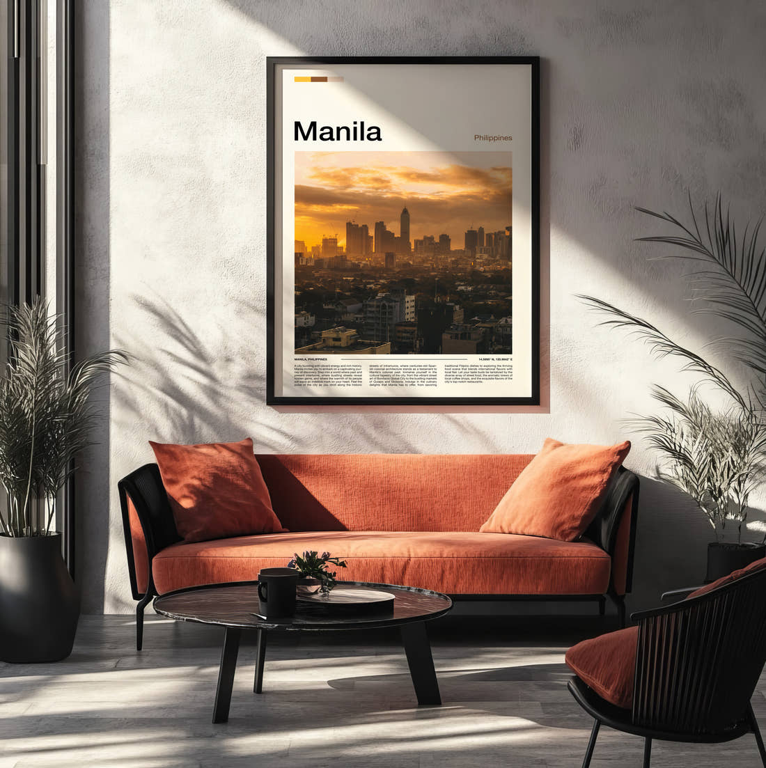 Manila Skyline At Sunset Travel Print framed on the wall of a modern living room