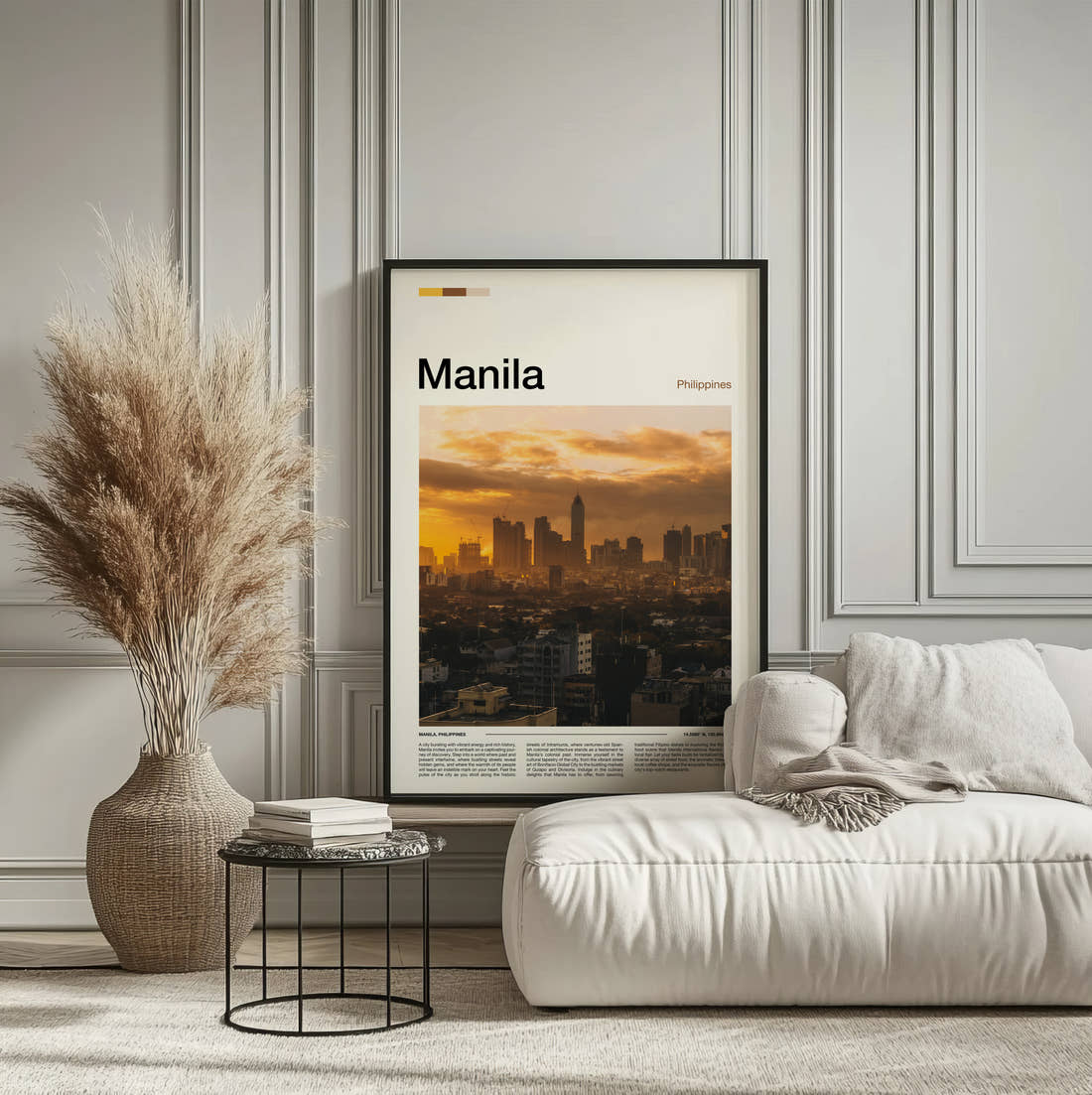 Manila Skyline At Sunset Travel Print framed on the wall of a calm, neutral bedroom