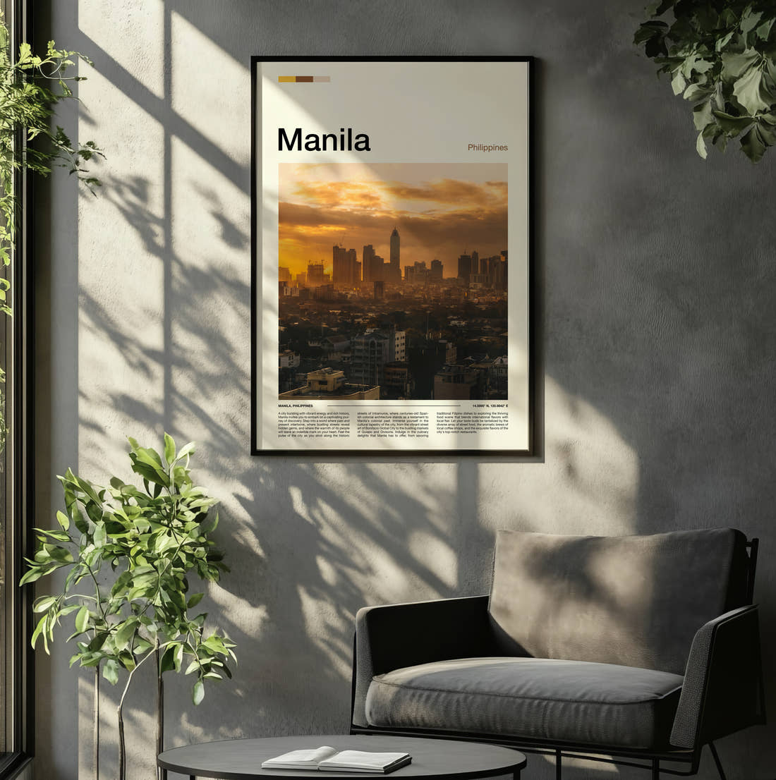 Manila Skyline At Sunset Travel Print framed on the wall of a relaxed living room