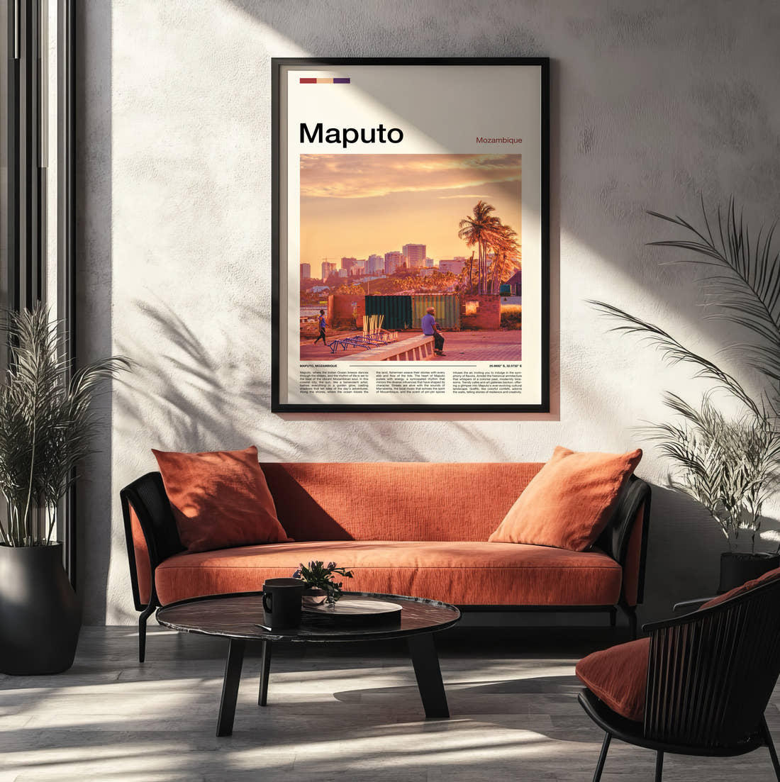 Maputo Waterfront At Sunset Travel Print framed on the wall of a modern living room