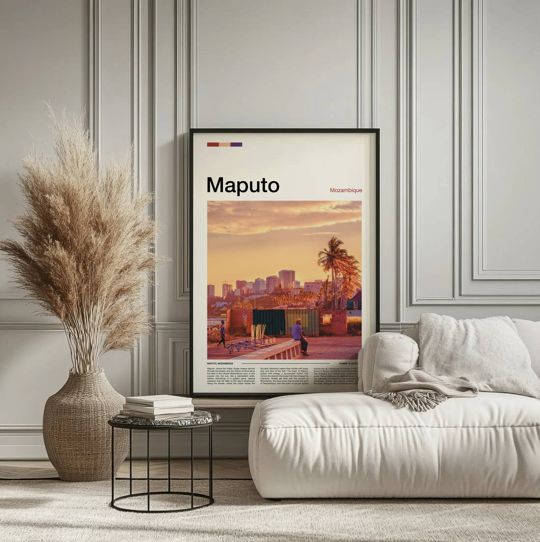 Maputo Waterfront At Sunset Travel Print framed on the wall of a calm, neutral bedroom