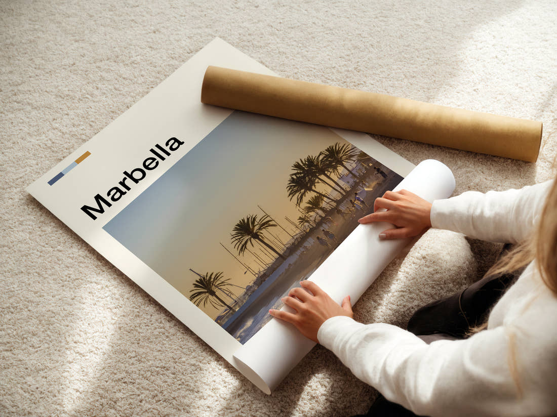 Marbella Palms Along The Beach Travel Print being unrolled from its postal tube