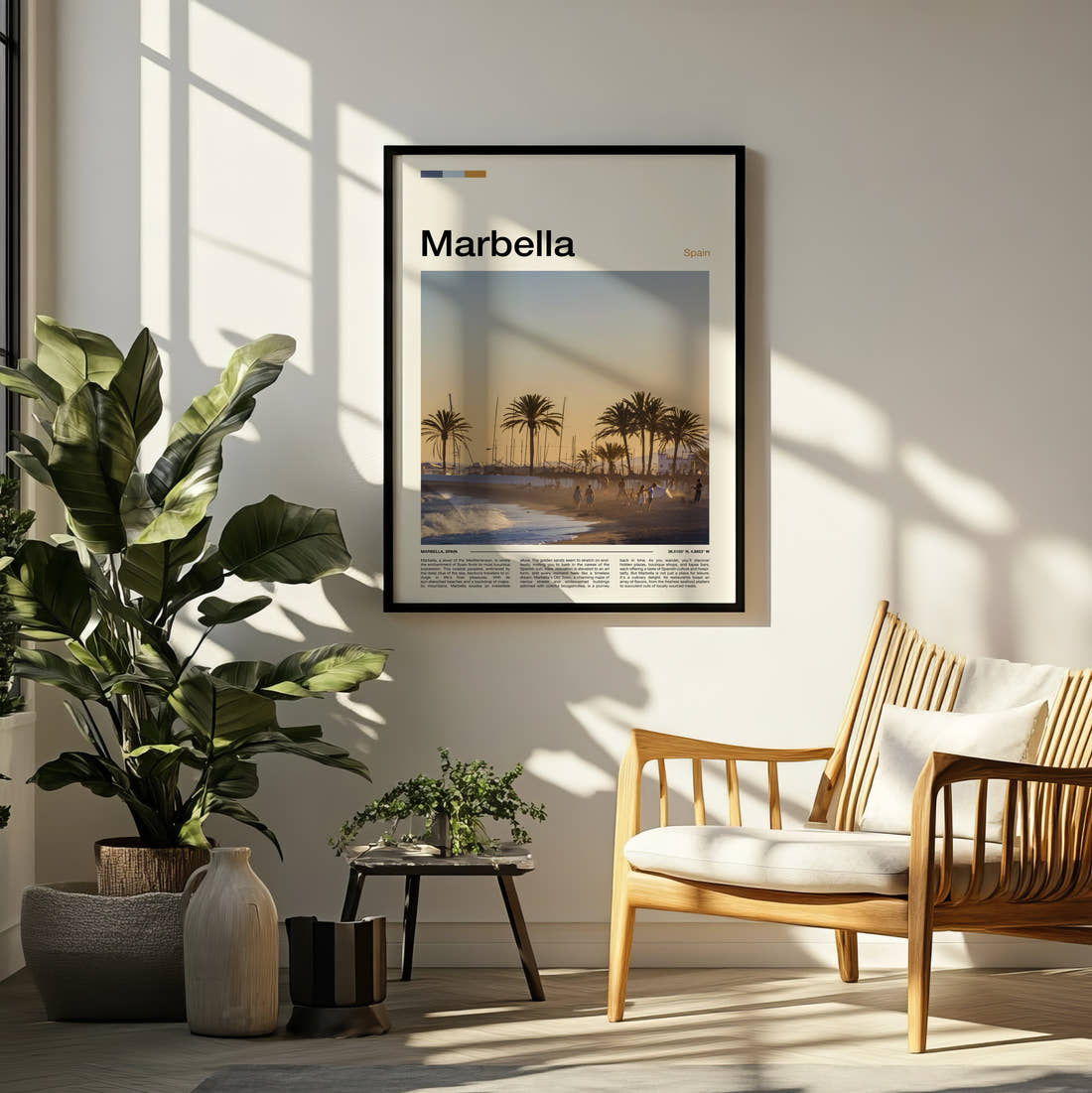 Marbella Palms Along The Beach Travel Print framed on a pale wall beside houseplants
