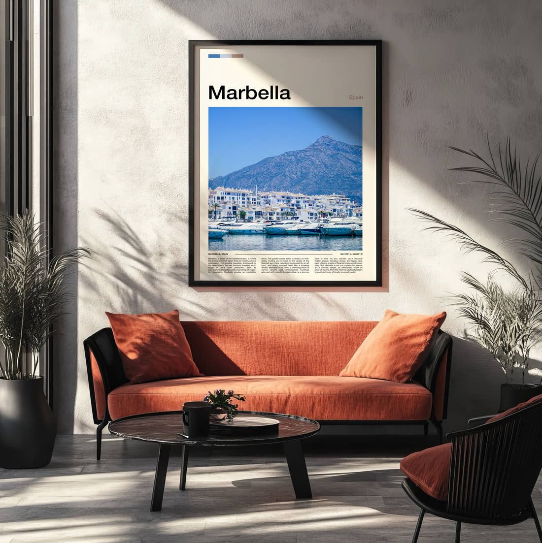 Marbella Marina Below The Mountain Travel Print framed on the wall of a modern living room
