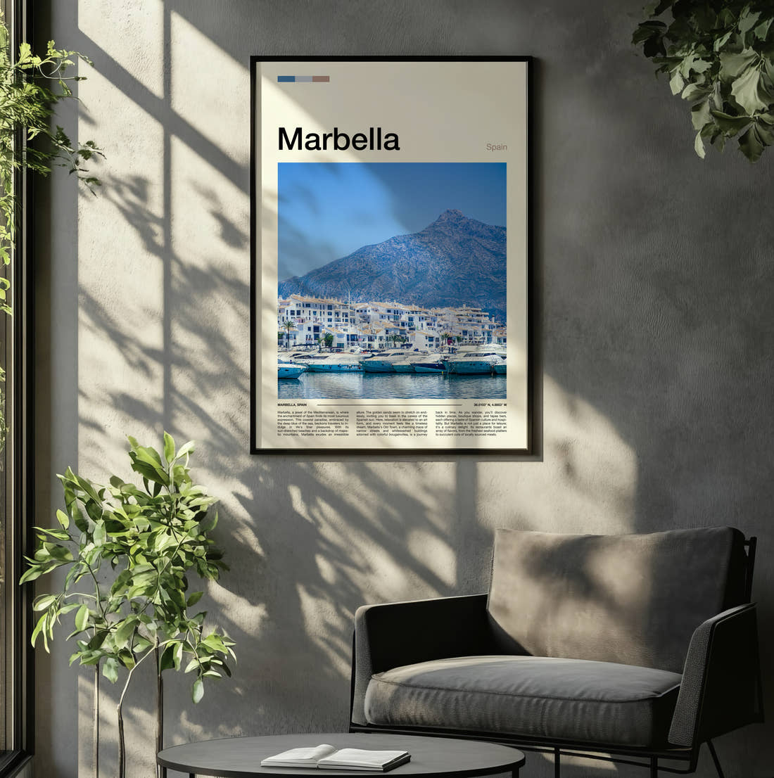 Marbella Marina Below The Mountain Travel Print framed on the wall of a relaxed living room