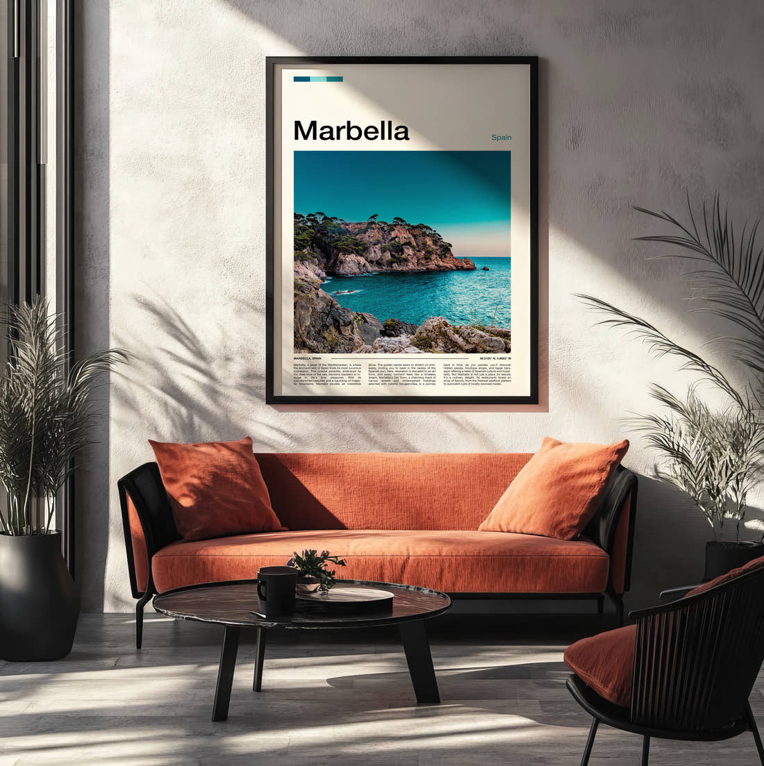 Marbella Rocky Coastline Travel Print framed on the wall of a modern living room