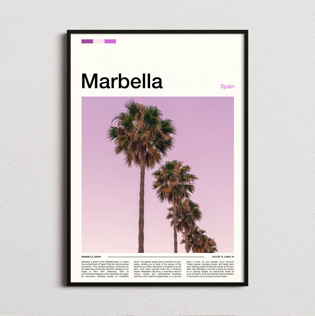 Marbella Palms Against Pink Sky Travel Print framed and photographed straight on