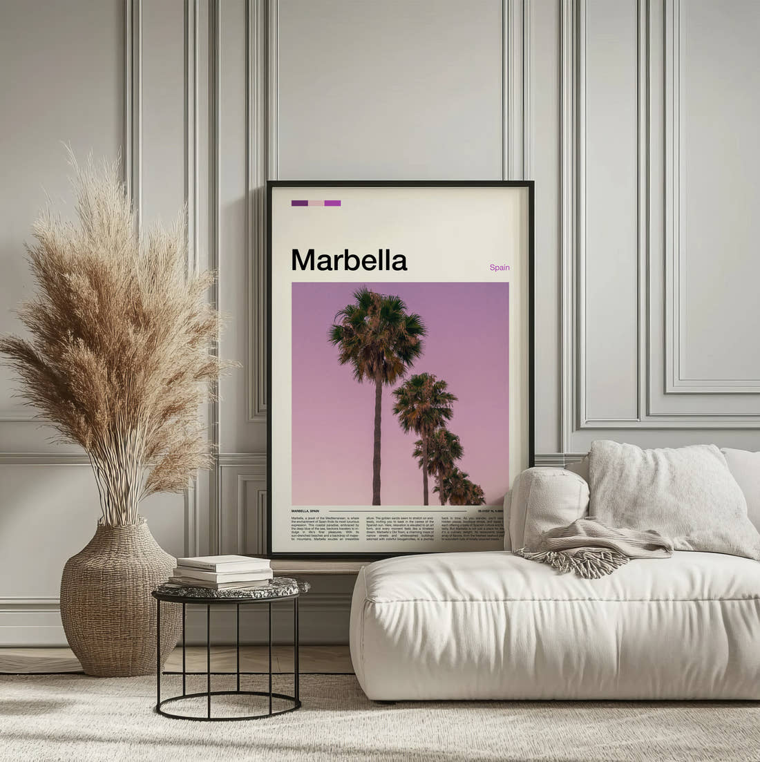 Marbella Palms Against Pink Sky Travel Print framed on the wall of a calm, neutral bedroom