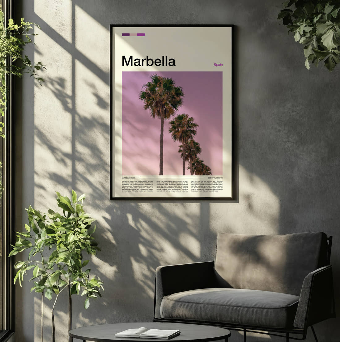 Marbella Palms Against Pink Sky Travel Print framed on the wall of a relaxed living room