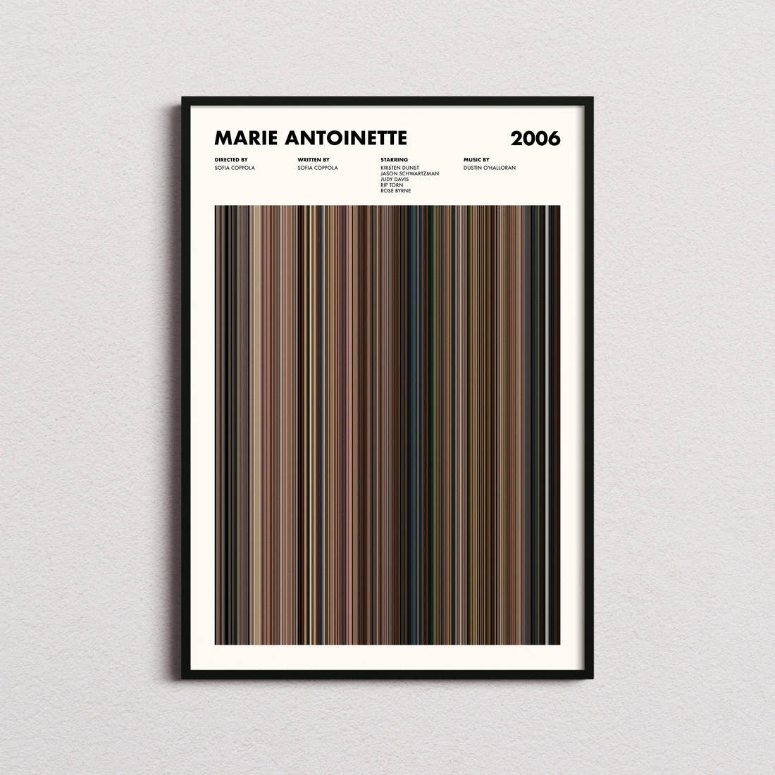 Marie Antoinette Movie Barcode Poster framed on a plain studio wall