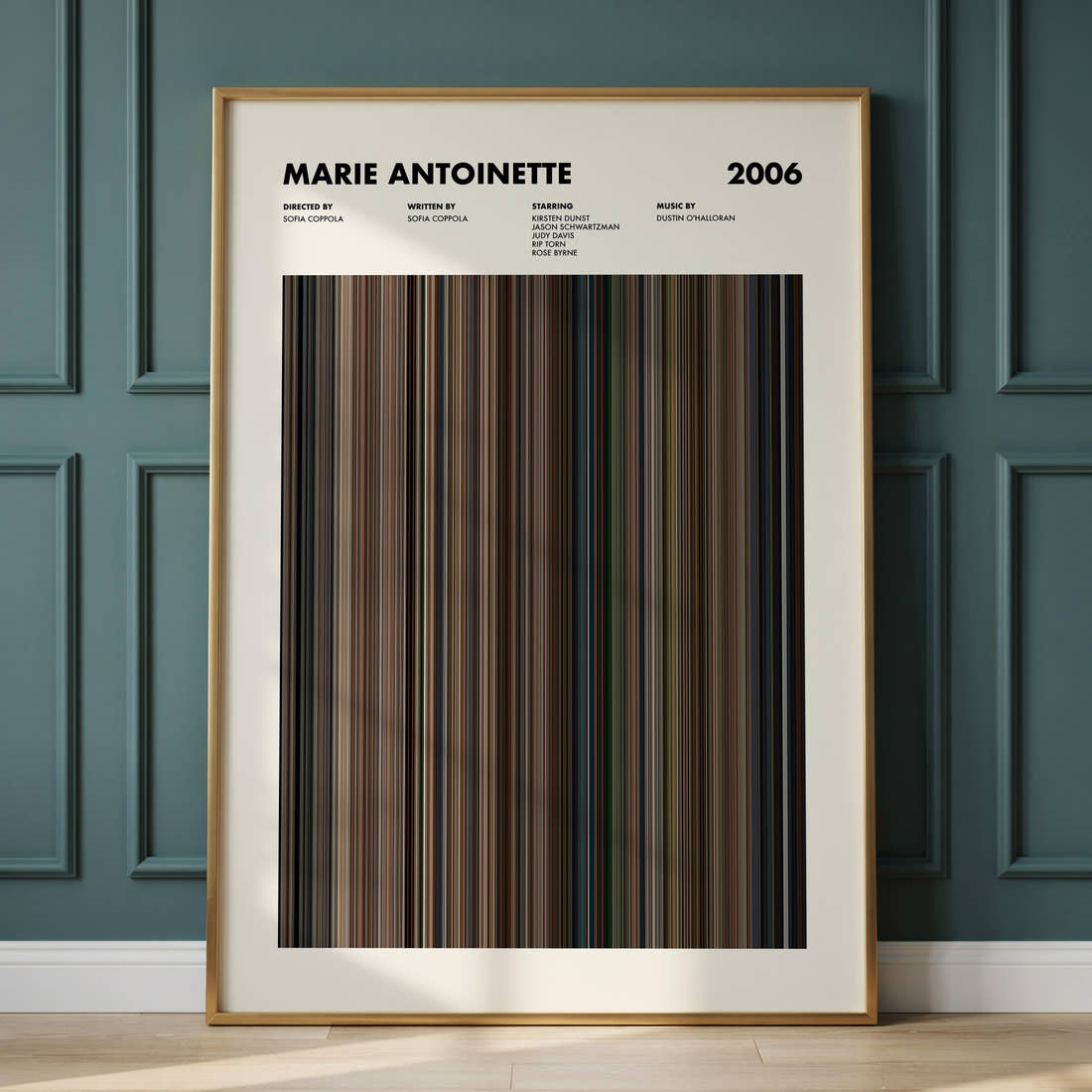 Marie Antoinette Movie Barcode Poster framed and leaning against a panelled wall