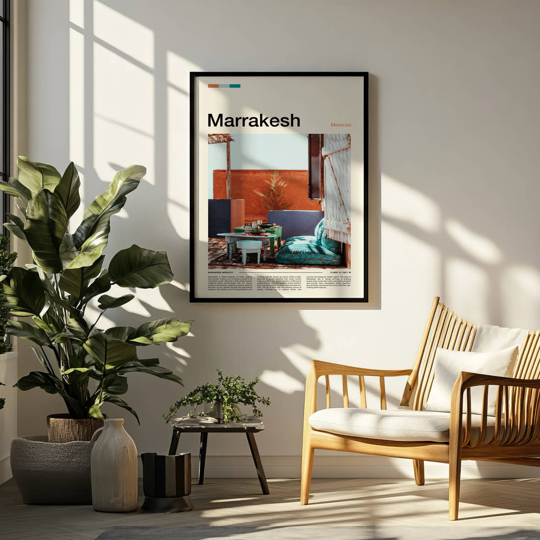 Marrakesh Rooftop Terrace Seating Travel Print framed on a pale wall beside houseplants