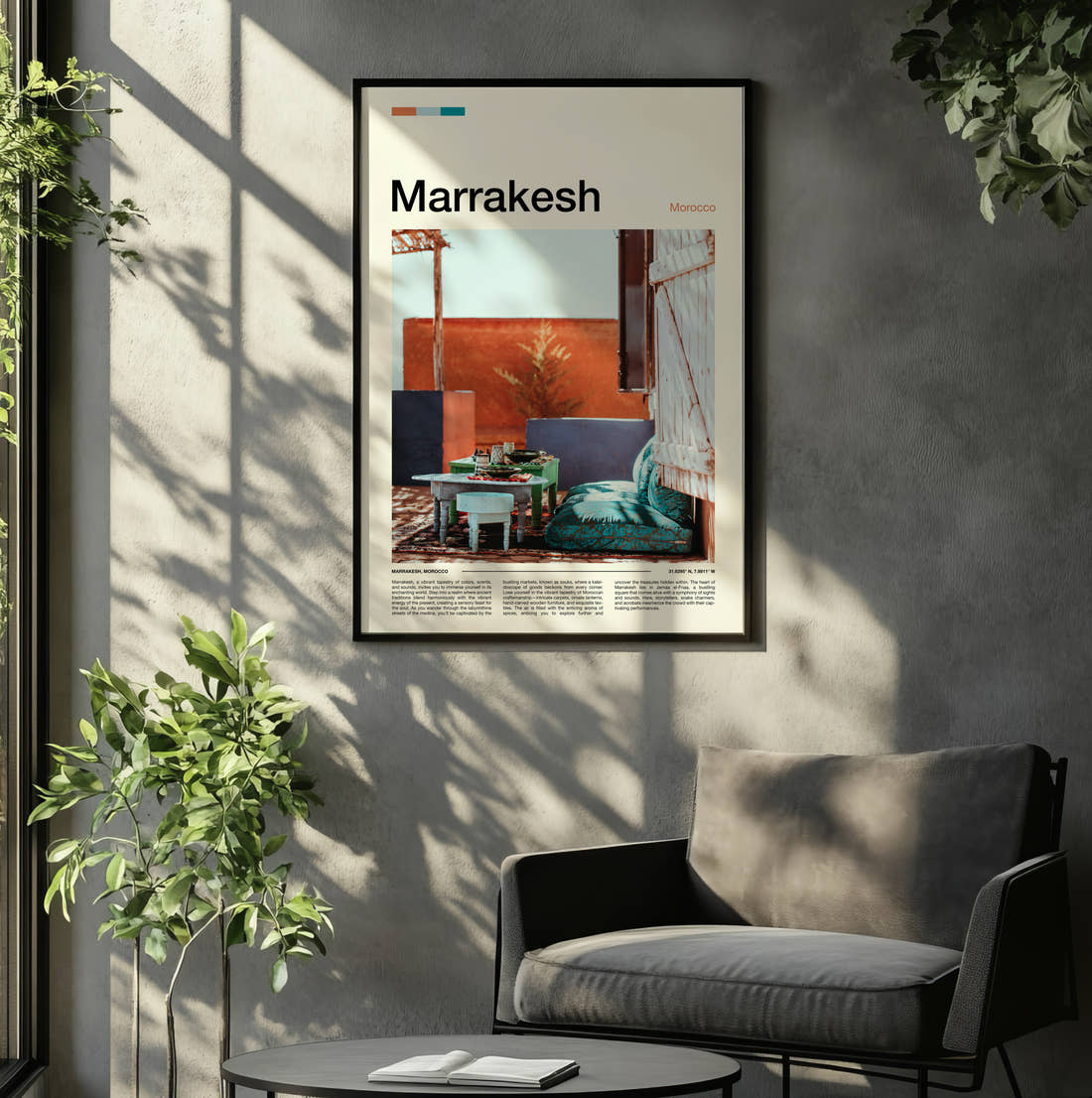 Marrakesh Rooftop Terrace Seating Travel Print framed on the wall of a relaxed living room