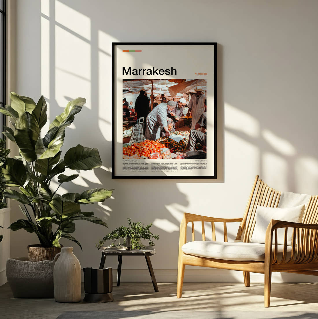 Marrakesh Fruit Market Stall Travel Print framed on a pale wall beside houseplants