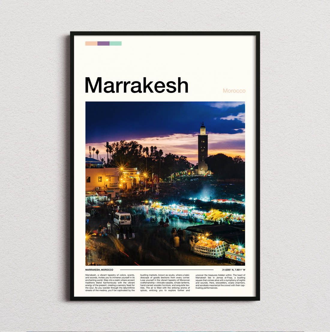 Marrakesh Night Market Travel Print framed and photographed straight on