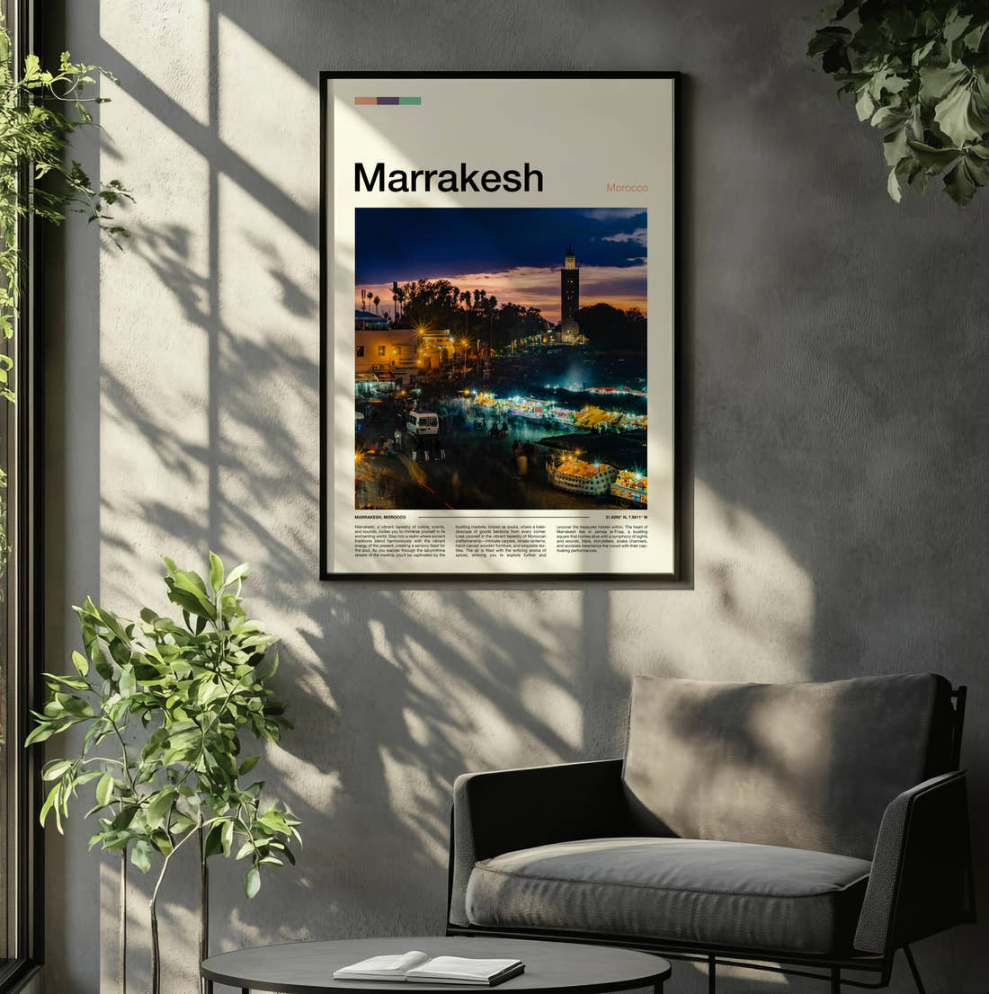 Marrakesh Night Market Travel Print framed on the wall of a relaxed living room