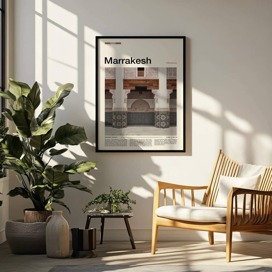 Marrakesh Tiled Archway Travel Print framed on a pale wall beside houseplants