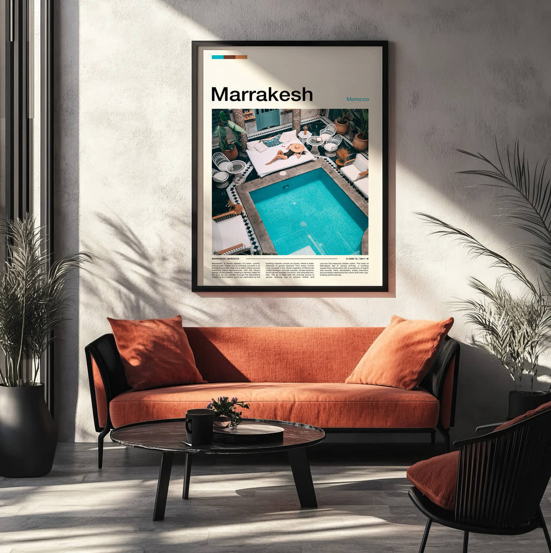 Marrakesh Courtyard Swimming Pool Travel Print framed on the wall of a modern living room
