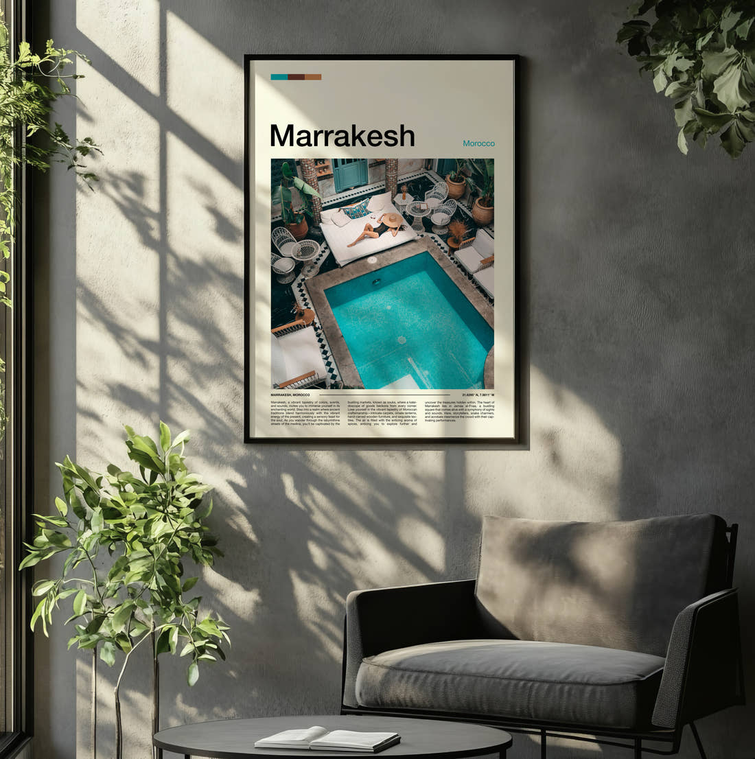 Marrakesh Courtyard Swimming Pool Travel Print framed on the wall of a relaxed living room