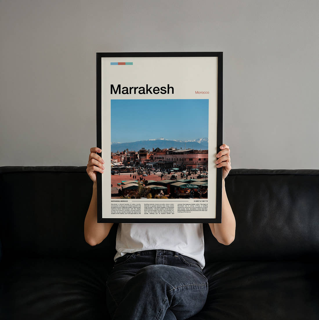 Marrakesh Jemaa El-Fnaa Square Travel Print held up by hand to show the size of the print