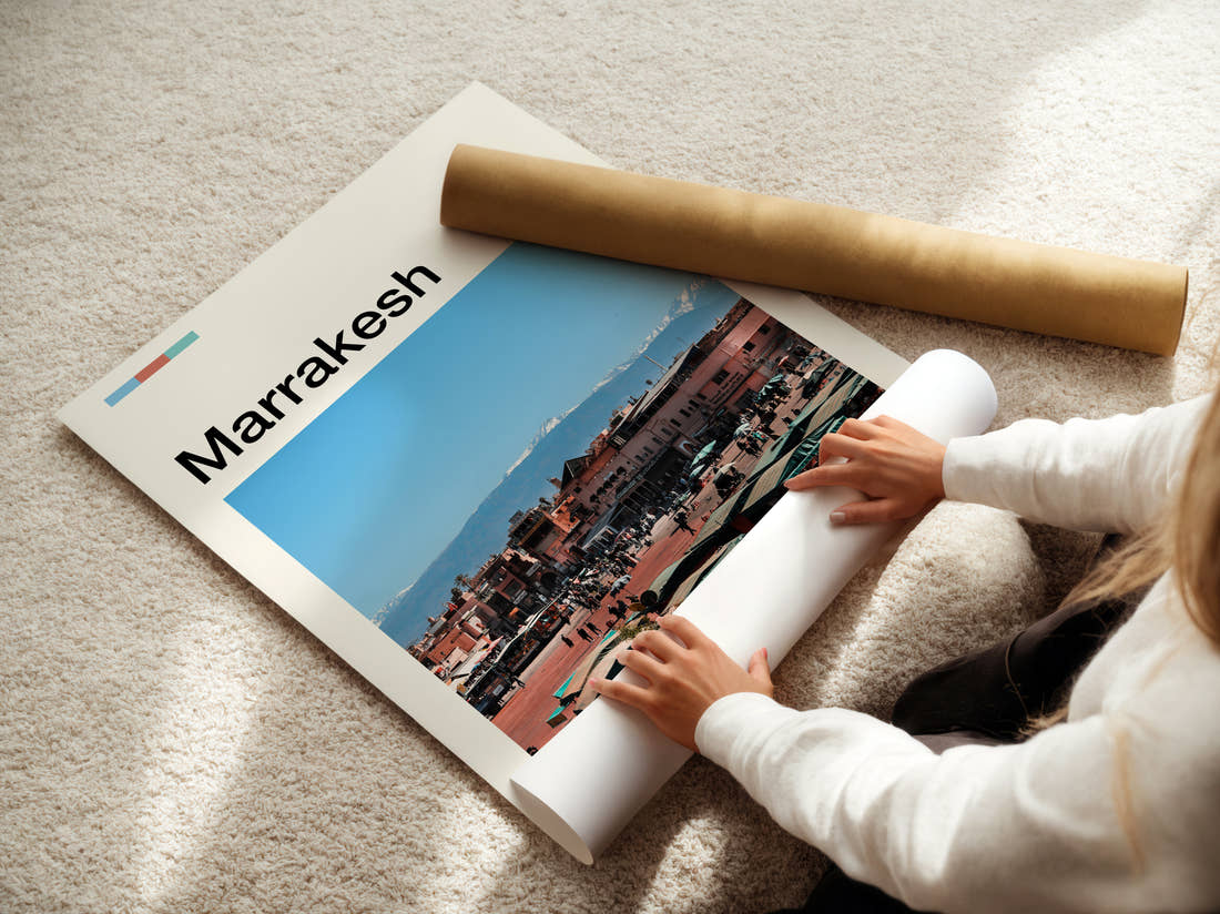 Marrakesh Jemaa El-Fnaa Square Travel Print being unrolled from its postal tube