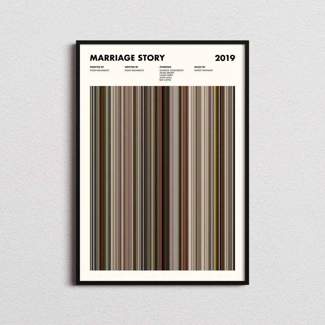 Marriage Story Movie Barcode Poster framed on a plain studio wall
