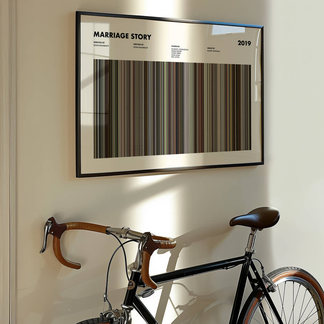Marriage Story Movie Barcode Poster framed on the wall of a styled room setting