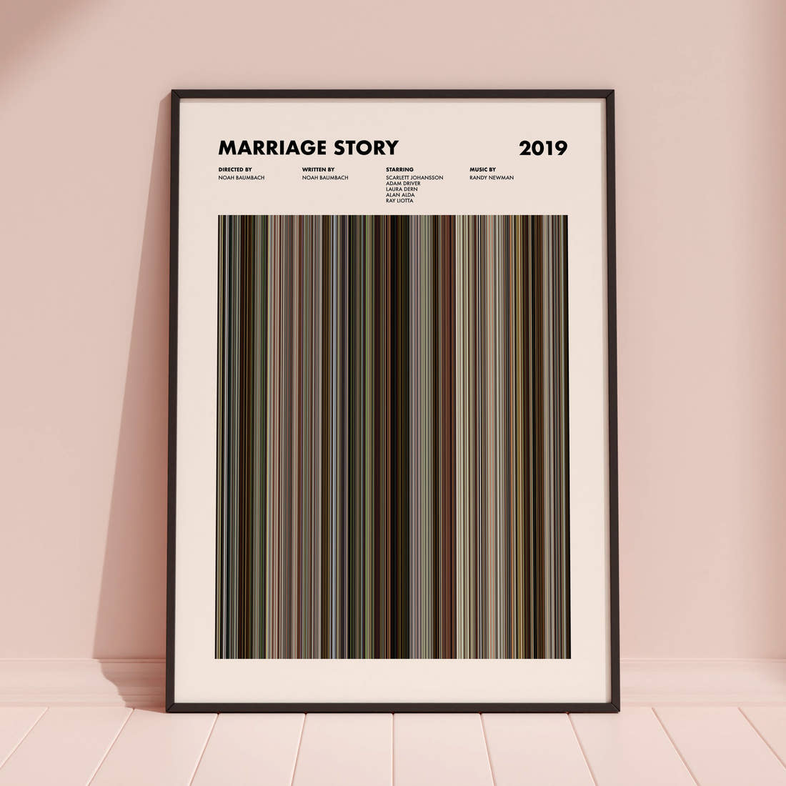 Marriage Story Movie Barcode Poster framed and leaning against a coloured wall