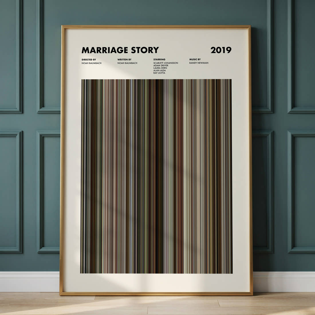 Marriage Story Movie Barcode Poster framed and leaning against a panelled wall