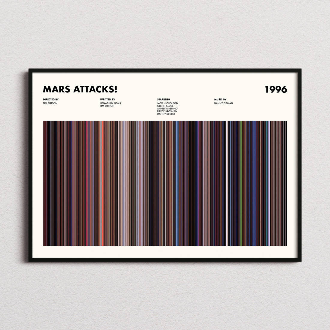 Mars Attacks! Movie Barcode Poster framed and photographed straight on