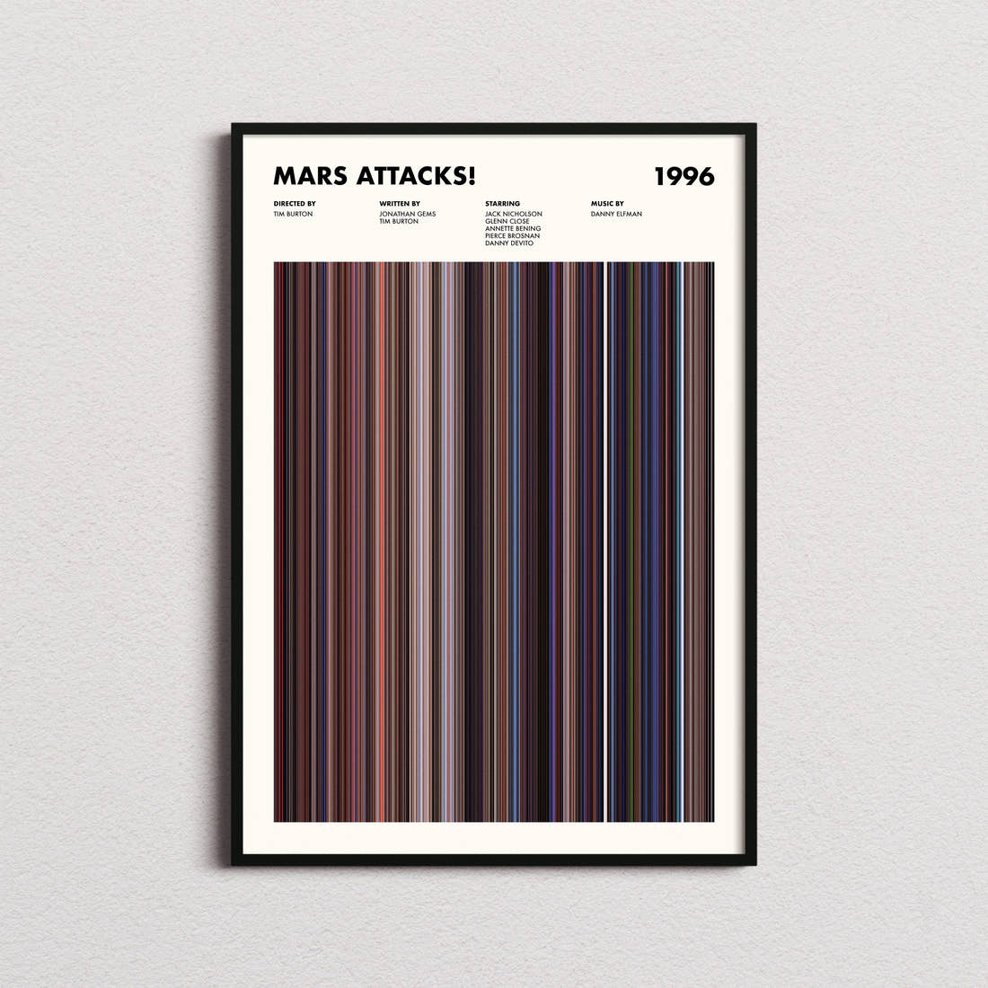 Mars Attacks! Movie Barcode Poster framed on a plain studio wall