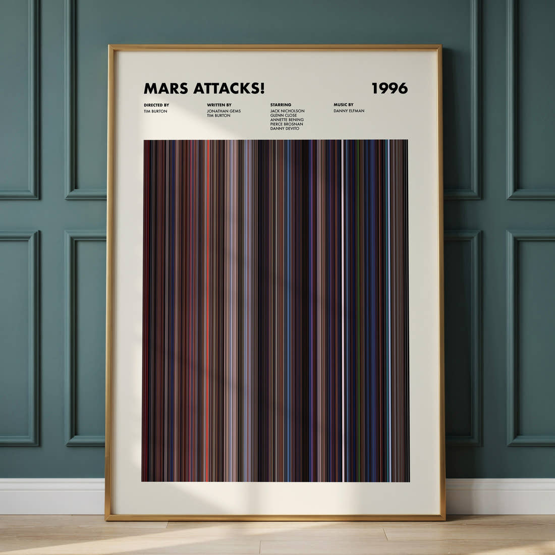 Mars Attacks! Movie Barcode Poster framed and leaning against a panelled wall