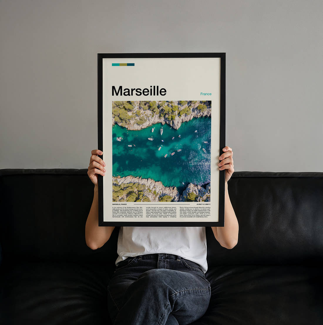 Marseille Rocky Cove From Above Travel Print held up by hand to show the size of the print