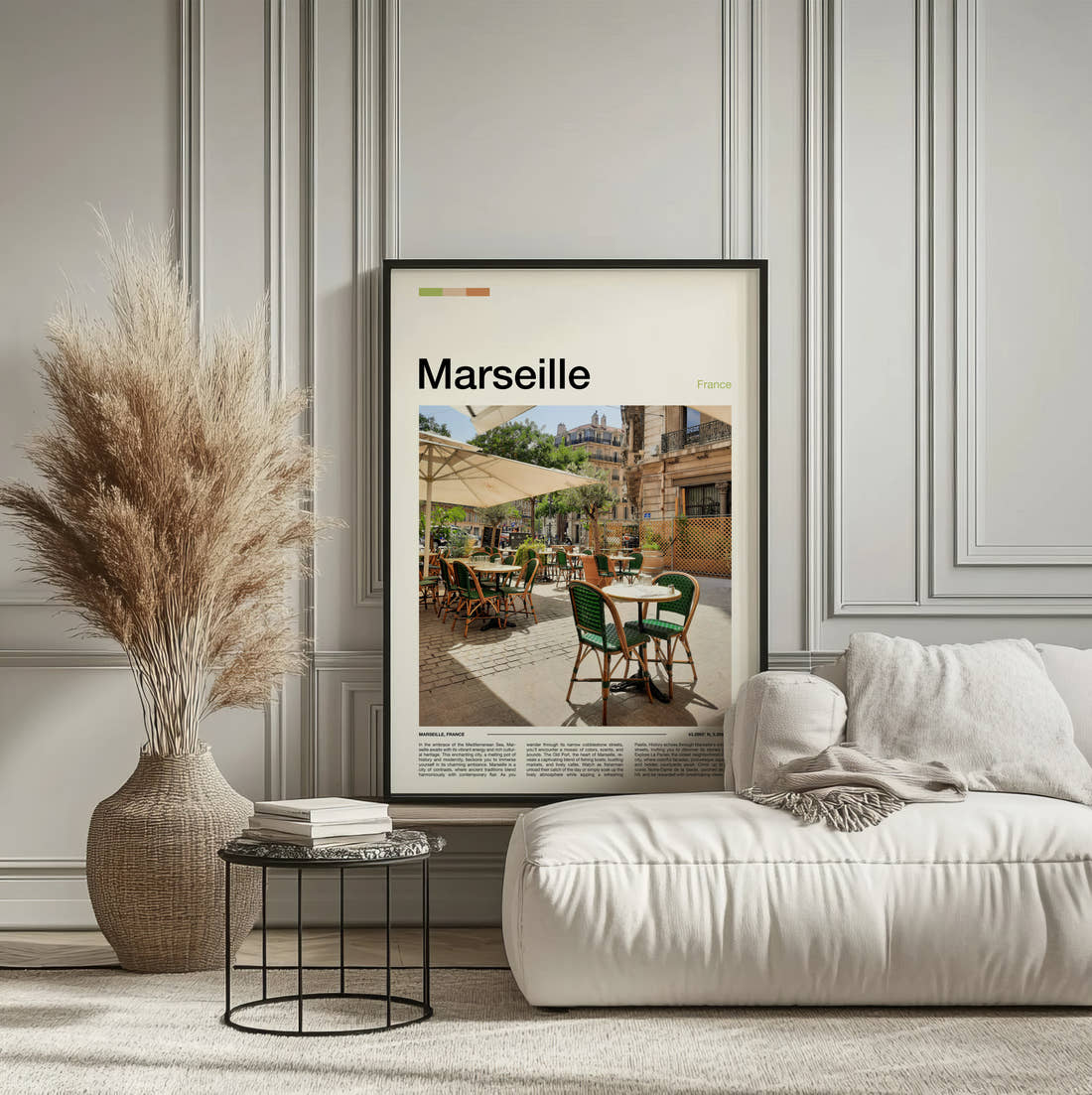 Marseille Cafe Terrace Travel Print framed on the wall of a calm, neutral bedroom