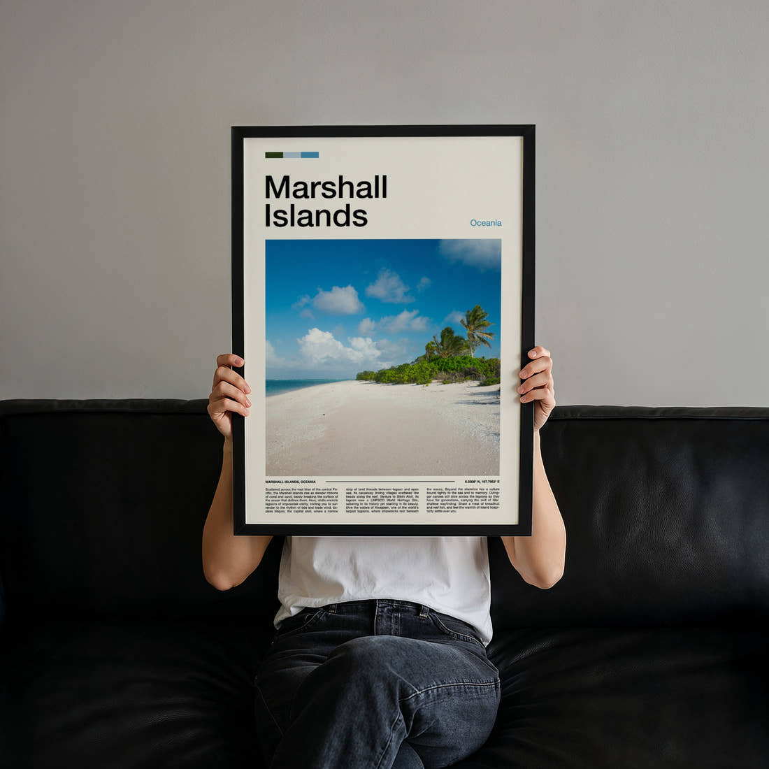 Marshall Islands Palm-Fringed Beach Travel Print held up by hand to show the size of the print