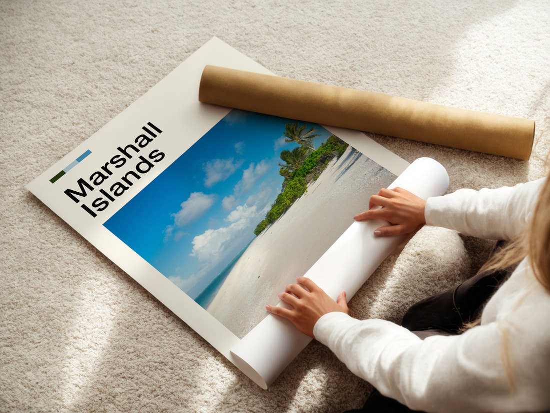 Marshall Islands Palm-Fringed Beach Travel Print being unrolled from its postal tube