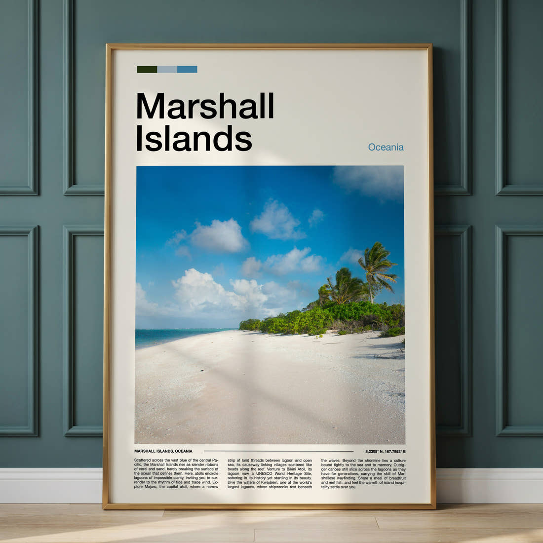 Marshall Islands Palm-Fringed Beach Travel Print framed on the wall of a calm, neutral bedroom
