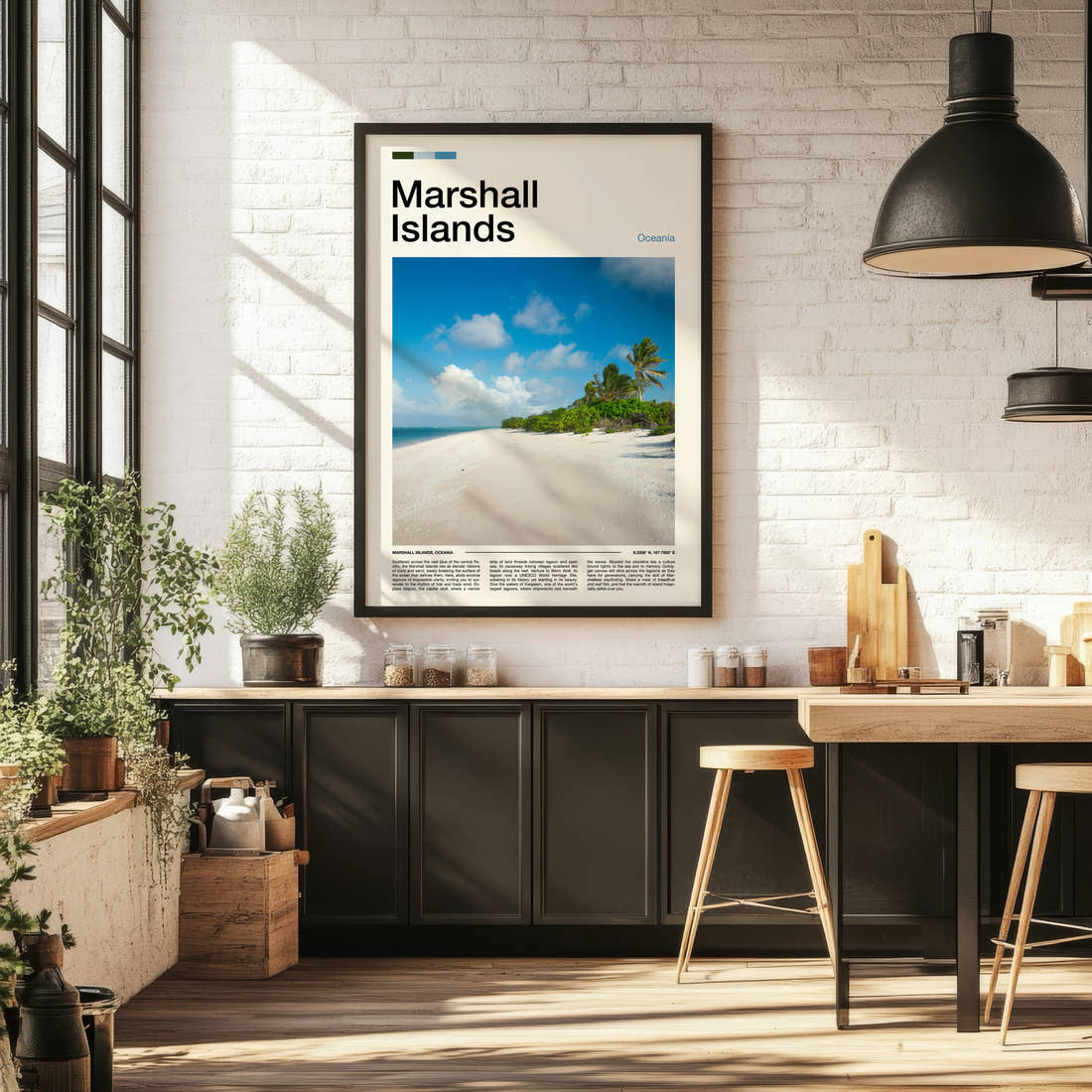 Marshall Islands Palm-Fringed Beach Travel Print framed on the wall of a bright kitchen and dining space