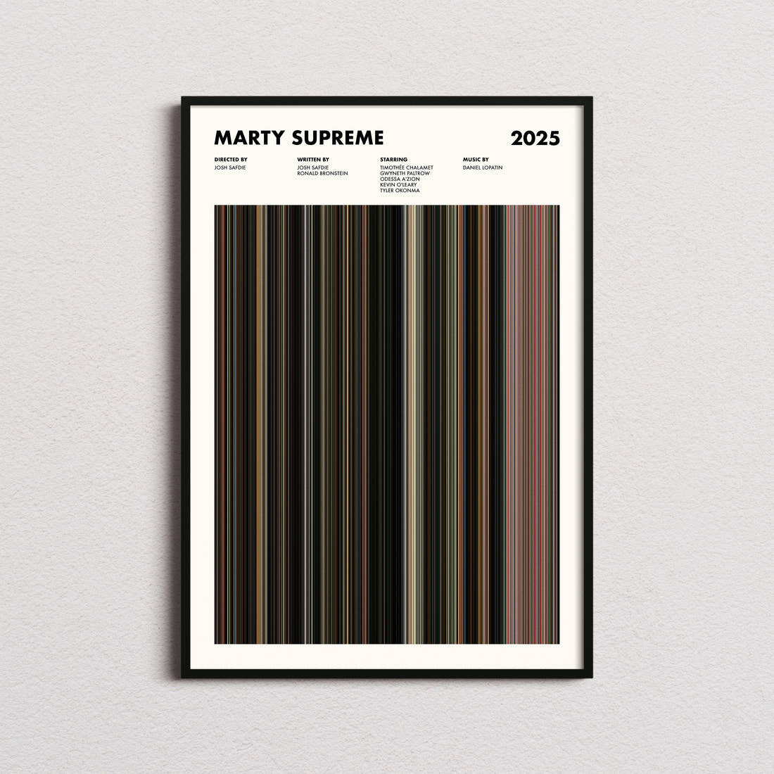 Marty Supreme Movie Barcode Poster framed on a plain studio wall