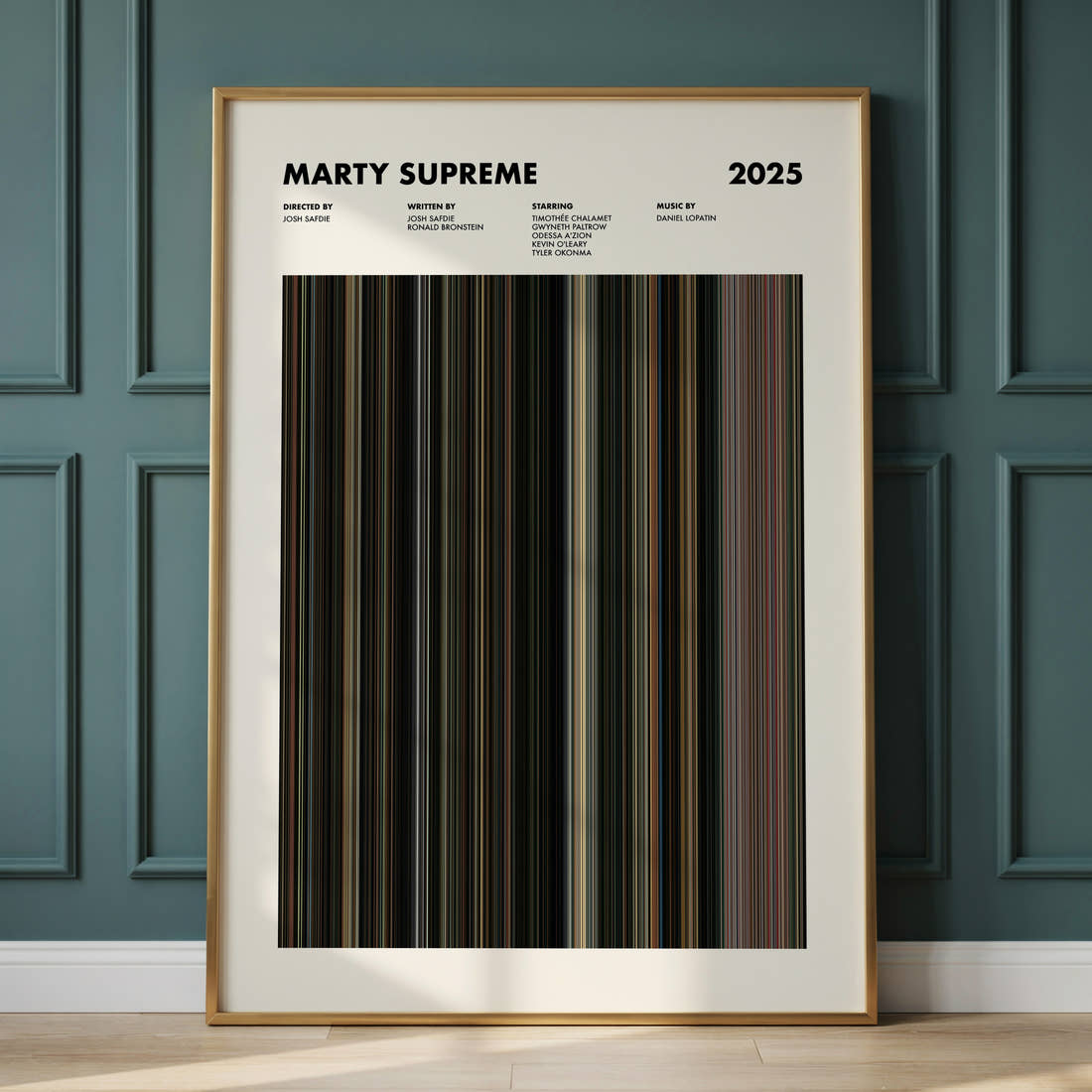 Marty Supreme Movie Barcode Poster framed and leaning against a panelled wall