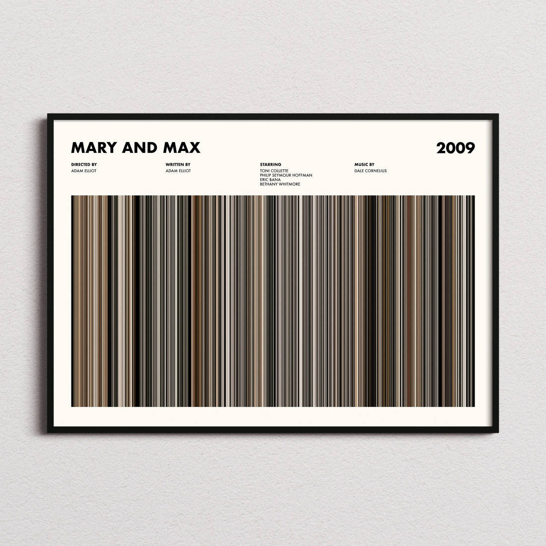 Mary and Max Movie Barcode Poster framed and photographed straight on