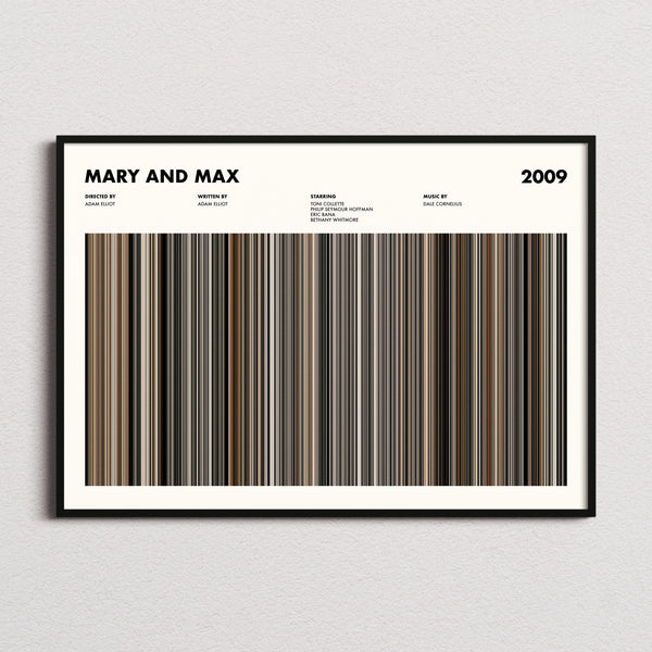 Mary and Max Movie Barcode Poster framed and photographed straight on