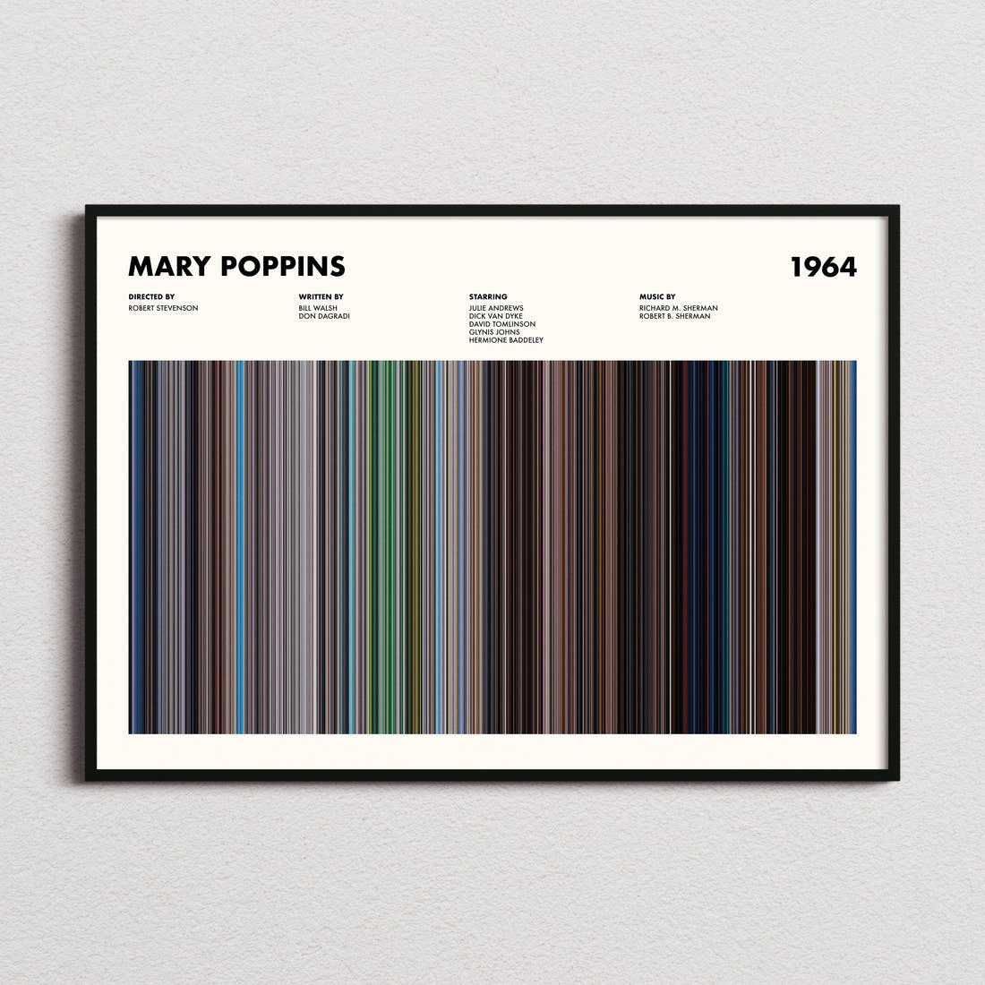 Mary Poppins Movie Barcode Poster framed and photographed straight on