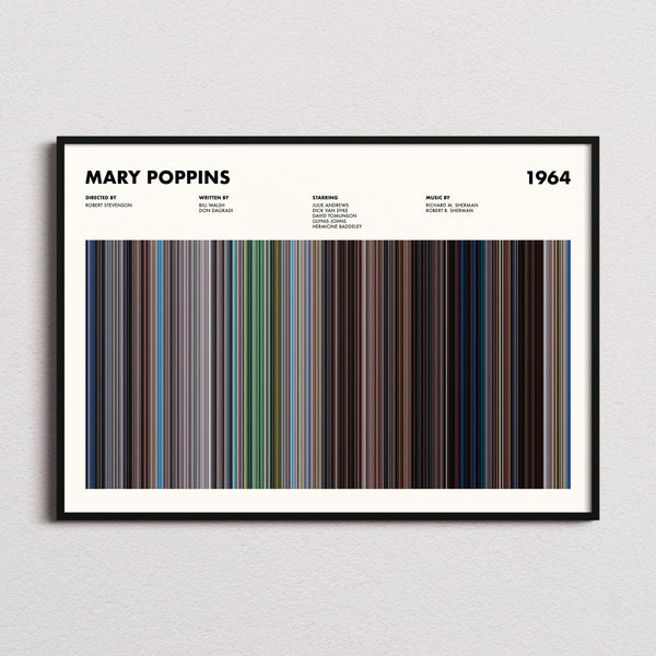 Mary Poppins Movie Barcode Poster framed and photographed straight on