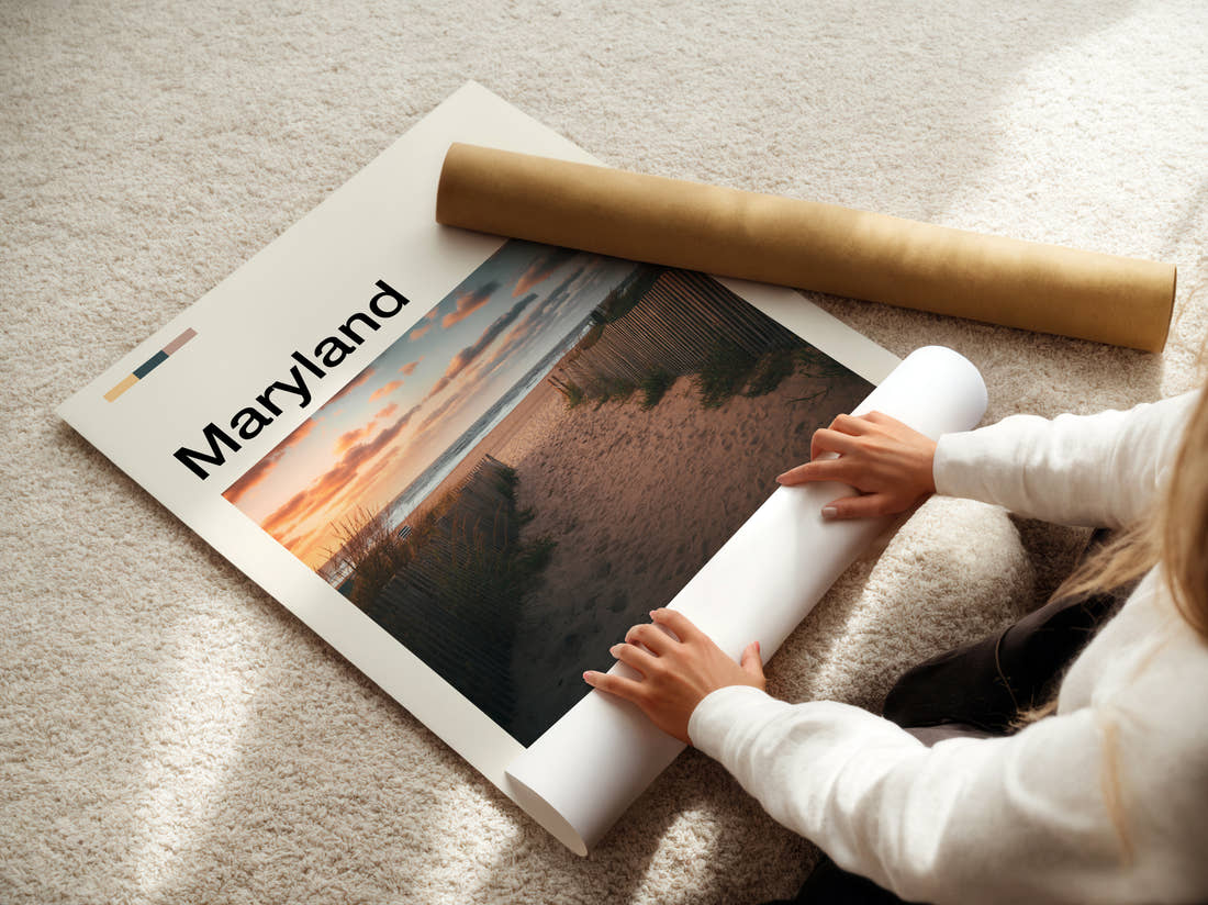 Maryland Path Through The Dunes Travel Print being unrolled from its postal tube