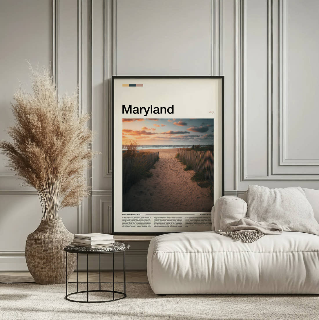 Maryland Path Through The Dunes Travel Print framed on the wall of a calm, neutral bedroom