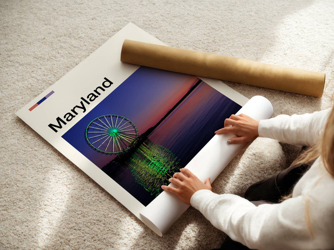 Maryland Ferris Wheel At Dusk Travel Print being unrolled from its postal tube